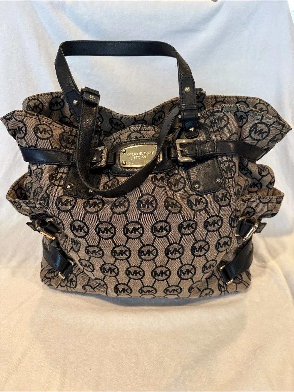 Michael Kors Tan Logo Canvas Tote with Black Trim